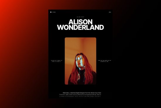 Modern graphic design template featuring bold typography Alison Wonderland with a portrait of a woman illuminated by creative lighting.